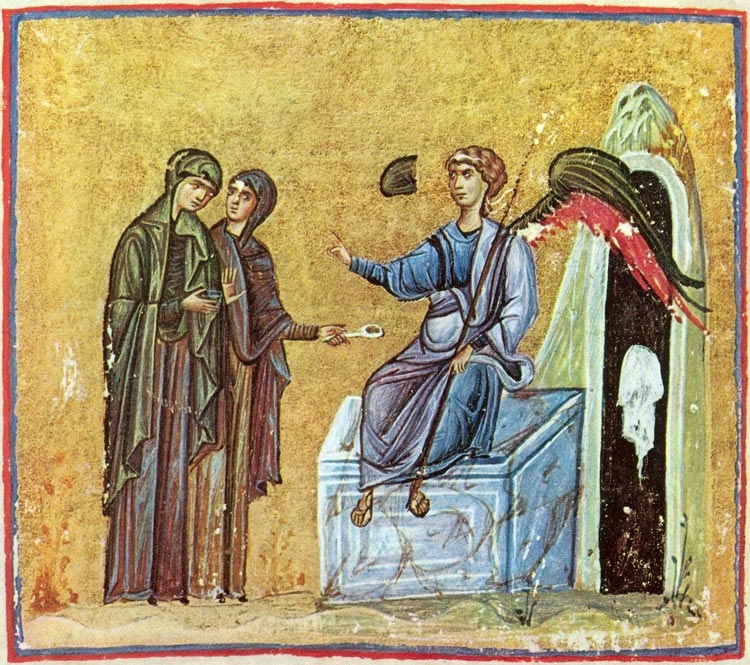Жены мироносицы у Гроба Господня. Миниатюра из Евангелия XI в. Монастырь Дионисиат, Афон